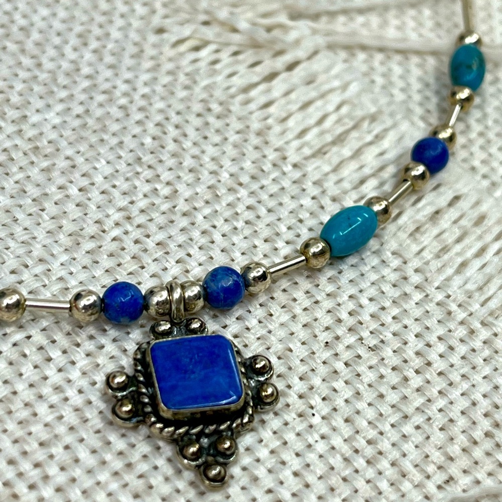Vintage Southwestern Flexible Sterling Silver Necklace with Lapis & Turquoise